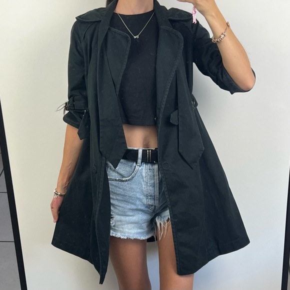 Decjuba Trench Coat Jacket Black Denim Mid Length Buckles Half Sleeve Size 8 - Picture 3 of 16